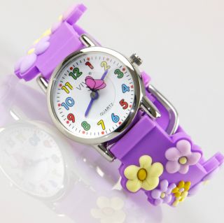 Kinder Mädchen Vive Lernuhr Armband Uhr Silikon Watch Analog Blumen Lila 22 Bild