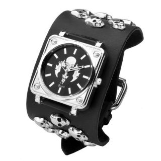 Damen Herren Uhr Totenkopf Schädel Armbanduhr Quarzuhr Gothic Nieten Leder Punk Bild