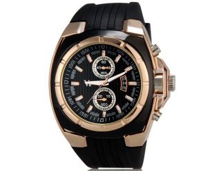 V0048 Herren Armbanduhr Wrist Watch Handaufzug Mit Kalender Gummi Band Golden Bild