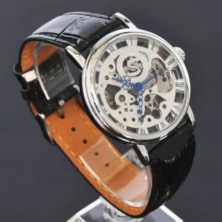 Soki Silber Handaufzug Mechanische Analog Herren Leder Armband Uhr F02 Bild