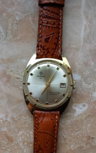 Horax Armbanduhr Handaufzug Goldfarbig Lederband Braun Bild