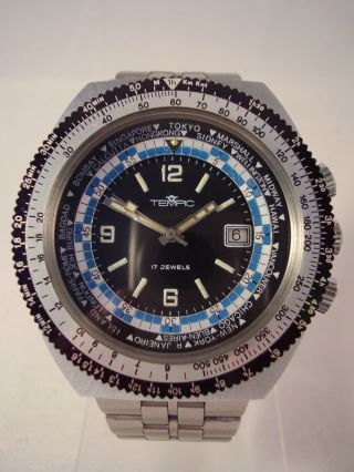 Vintage Tempic Worldtimer Armbanduhr Herrenuhr Fliegeruhr Taucheruhr 70er Jahre Bild