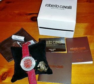 Roberto Cavalli Damen Uhr Swarovski Rochenleder Rot Silber Uvp 690€ Bild