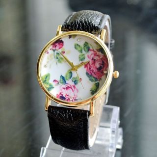 Armbanduhr Frauen Kunstleder Leder Gold Pink Rosen Blumen Flower Uhr Damen Bild