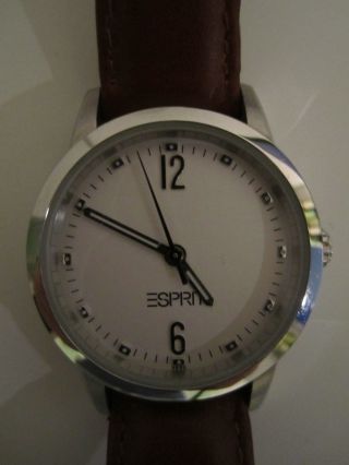 Esprit Damen Armbanduhr Silber/mattweiß Lederband Klassiker Braun Top Bild