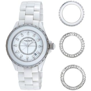 Damen Armbanduhr Akribos Xxiv Weiß Keramik 3 Austauschbare Lünetten Silber Bild