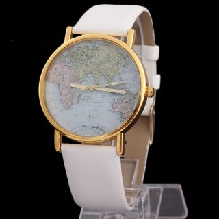 World Map Globe Mode Leder Alloy Damen Analog Quarz - Uhren Weiß Bild