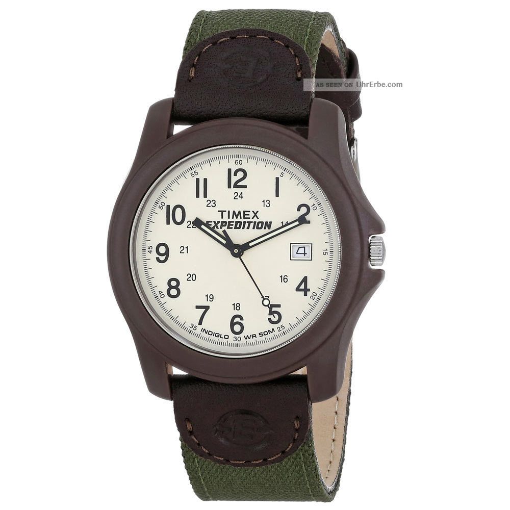 Unisex Armbanduhr Timex T49101 Expedition Zifferblatt Weiß Mit Grün/braunband Armbanduhren Bild