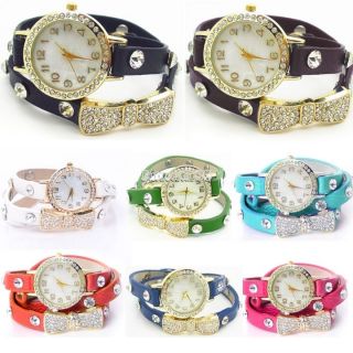 Damen Vintage Armbanduhr Leder Bowknot Bracelet Strass Kette Uhren Uhr Watches Bild