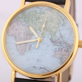World Map Globe Mode Leder Alloy Damen Analog Quarz - Uhren Schwarz Bild
