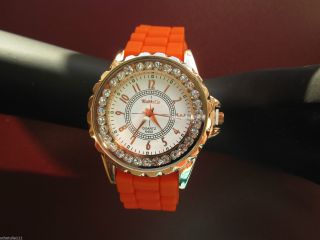 Designer Damenuhr,  Silikon Armband Uhr,  Strass,  Farbauswahl,  Gold Plattiert D64 Bild