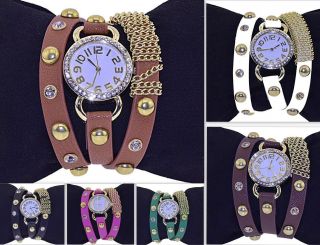 Vintage Armbanduhr Damenuhr Leder Nieten Bracelet Retro Strass Kette Punk Uhr Bild