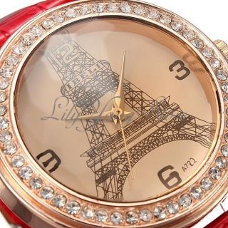 Damen Eiffelturm Uhr Armbanduhr Vintage Lederarmbanduhr Strass Quarzuhr Rot Bild