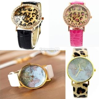 Damen Quarz Leopard Kunstleder / Weltkarte Globe Analoge Armbanduhr Ft Bild
