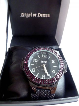 Uhr Damenuhr Armbanduhr Angel Or Demon Pink Schwarz Strass Bild