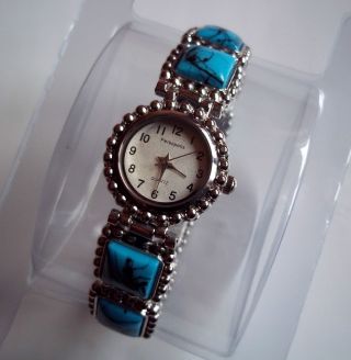 Elegante Damen Uhr Analog Edelstahl Quarz Türkis Steine Armband Dehnbar Bild