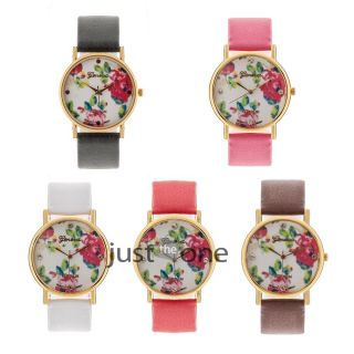 Fashion Damen Frau Rose Blume Design Kunstleder Quarz Armbanduhr Uhr Watch Bild