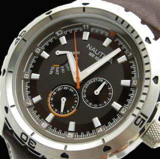 Nagelneu Nautica Armbanduhr Ncs 350 Braun Echt Leder Armband 100m Sehr SchÖn Bild