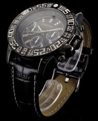 Schwarze Animoo Strass Stein Uhr Xxl Leder Armband (glanz Genarbt) Herrenuhr Bild