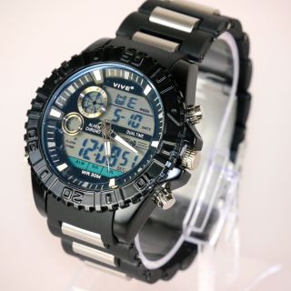 Herren Vive Armband Uhr Hartplastik Schwarz Watch Analog Digital Dualtime Bild