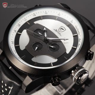 U Shark Herren Quarzuhr Analog Datums Dual Zeitzone Leder Armbanduhr Weiss Bild