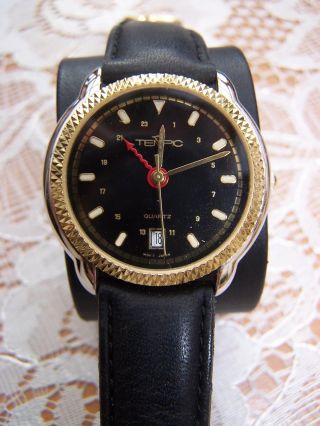 Herrenarmbanduhr Uhr Tempic Quartz Mit Schwarzem Lederarmband Bild