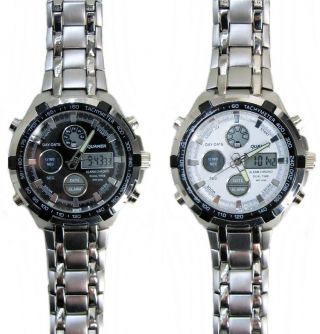 Dual Sportuhr Armbanduhr Wasserdicht,  Datum,  Alarm,  Metallarmband In Titan - Optik Bild