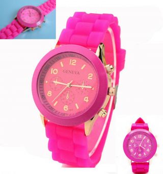 Silikon Armbanduhr Uhr Quarz Rosa Pink Unisex Analog Sport Bild