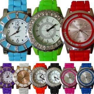 Damen Trend Neon Uhr Silikon Strass Armbanduhr Gummi Damenuhr Sport Strasssteine Bild
