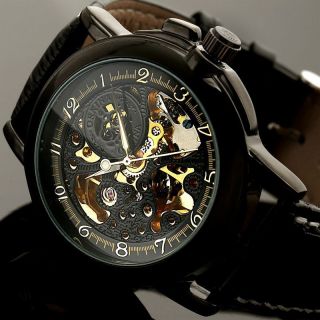 Neue Herren Auto Steampunk Leder Armbanduhr Schwarz Silber Gold Uhrwerk Skelett Bild
