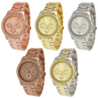 Mode Uhr Chronograf Look Rotgold Metall Armband Boyfriend Kristall Bild