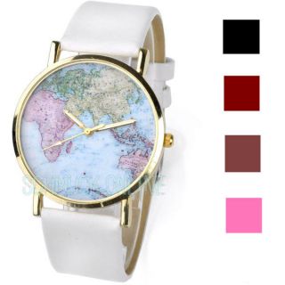 Retro Bunt Weltkarte Herren Damen Armbanduhr Quarzuhr Lederarmband Uhr Geschenk Bild