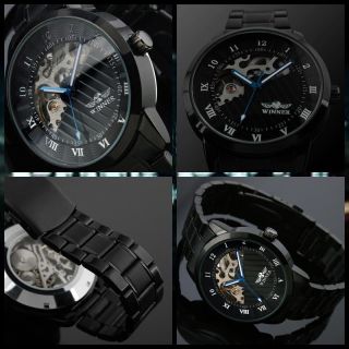 Exklusiv Winner Black Stahl Herrenuhr Edelstahl Armband Skelett Uhr Mechanisch Bild