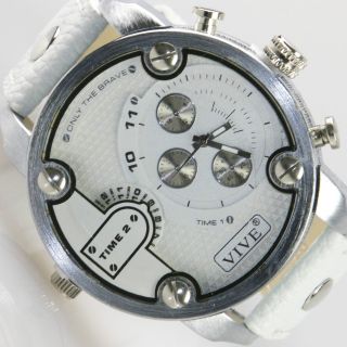 Herren Vive Xxl Armbanduhr Lederband Silber Weiß Watch Uhr 2 Uhrwerke Time2 Bild