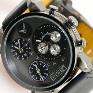 Herren Vive Xxl Armbanduhr Leder Edelstahl Black Schwarz Watch Uhr 3uhrwerke Bild