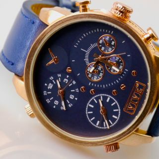 Herren Vive Xxl Armbanduhr Lederband Navyblau Kupfer Watch Uhr 3 Uhrwerke Bild