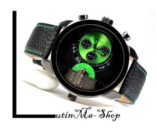 Animoo Quartz Herren Uhr Echt Leder Armband Designer Mega Xxl Dualtimer Grün Bild