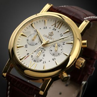 Klassische Herren Mode Männer Quartz Armbanduhr,  Braunes Lederarmband Bild