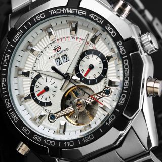 Herren Edelstahl Schwarz Weiß Silber Mode Skelett Armbanduhr Mechanisch Bild