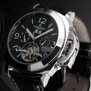 Herren Armbanduhr Schwarz Leder Armband Tourbillon Datum Automatisch Mechanisch Bild