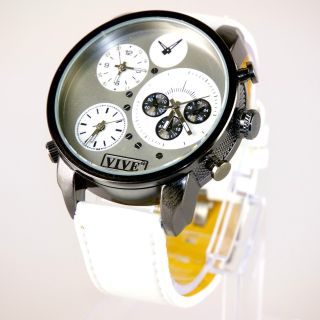 Herren Vive Xxl Armbanduhr Lederband Silber Weiß Watch Uhr 3 Uhrwerke Quarz Bild