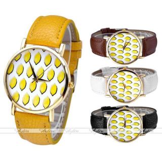 Jy Lässig Pu Leder Uhrarmband Zitrone Pattern Quarzuhr Golden Gehöuse Armbanduhr Bild
