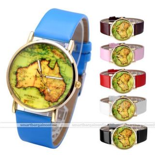 Pu Leder Weltkarte Armbanduhr Quartz Watch Quarzuhr Quartz Quarz Uhr Armband Uhr Bild