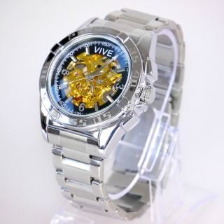 Elegante Herren Vive Automatik Armband Uhr Goldene Uhrwerk Silber Uvp 69€ Bild