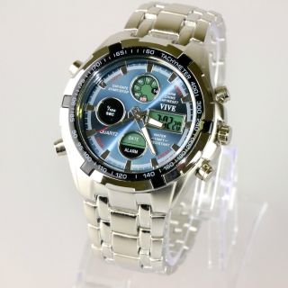 Herren Vive Armband Uhr Edelstahl Massiv Silber Watch Analog Digital Quarz Bild