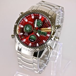 Herren Vive Armband Uhr Edelstahl Massiv Silber Rot Analog Digital Quarz Bild