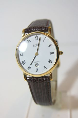 Schöne Flache Vergoldete Royal Quartz Armbanduhr Echtlederarmband Bild