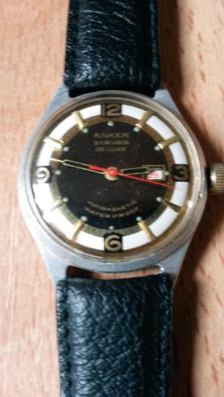 Anker De Luxe,  21 Rubis,  Vintage,  Armbanduhr,  Datum,  Lederarmband,  Handaufzug Bild