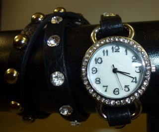 Damen Mädchen Strass Nieten Wrap Wickel 3x Armbanduhr Armband Uhr Schwarz - Bild