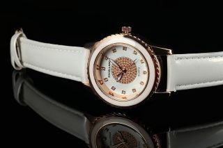 Excellanc Damen Uhr Leder Imitation Armbanduhr Strass Weiß Rosegold Bild